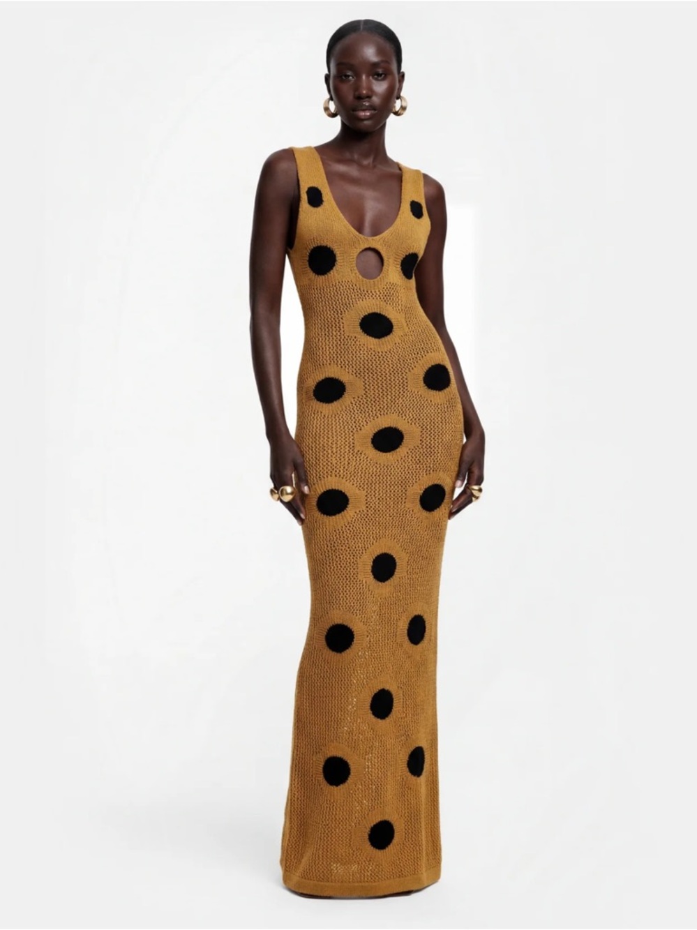 NWT Hanifa Mustard Maxi Dress with Black Polka Dots